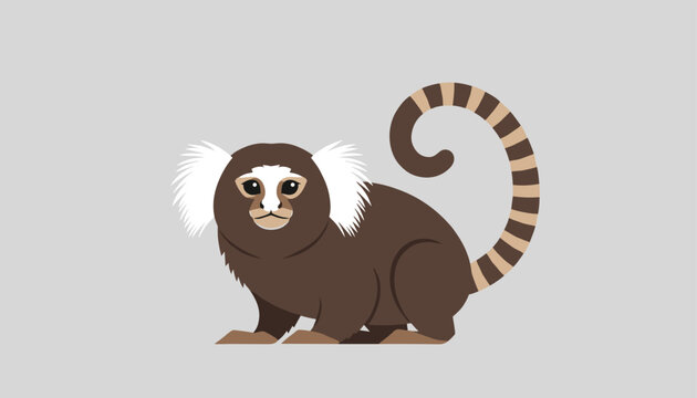 Small marmoset monkey with white tufts of hair on its ears and a long striped tail shown in a clean vector illustration.