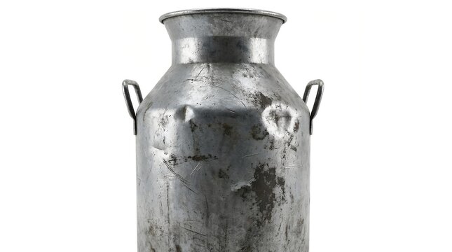 Vintage metal milk churn stands against a white background