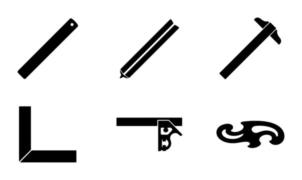 Drafting tool silhouettes set with ruler, T-square, set square, and French curve for design and architecture