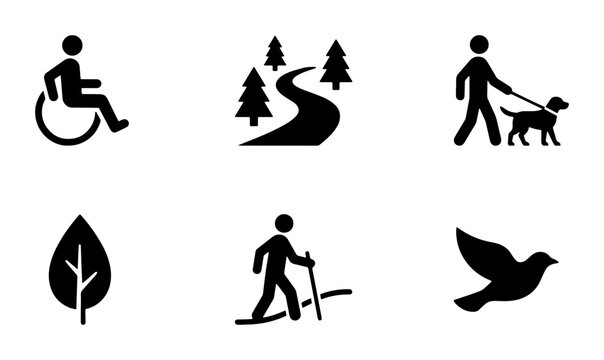 Nature and people silhouettes set with wheelchair user, hiker, dog walker, leaf and bird for travel and leisure