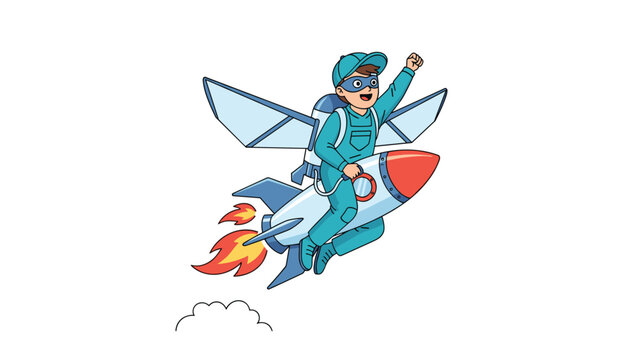 Brave little boy in a superhero mask and rocket pack pretending to fly high on a colorful toy rocket ship.