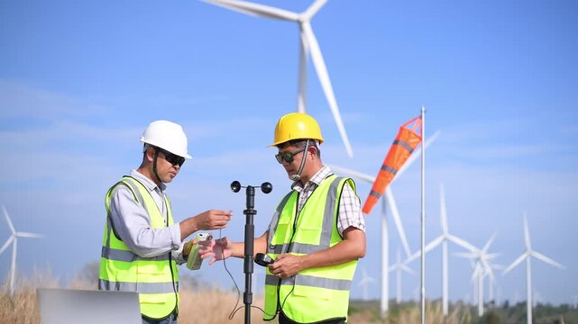 Engineer wearing uniform ,helmet inspection and survey work in wind turbine farms rotation to generate electricity energy. Green ecological power energy generation wind sustainable energy concept.	