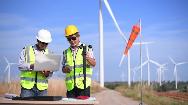 Engineer wearing uniform ,helmet inspection and survey work in wind turbine farms rotation to generate electricity energy. Green ecological power energy generation wind sustainable energy concept.	