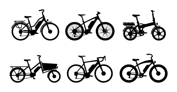 Electric bicycle silhouettes set with city, mountain, cargo and folding models for transport and lifestyle
