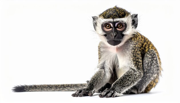Cute vervet monkey sitting calmly isolated on clean white background