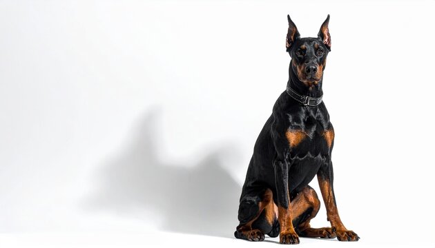 Doberman Pinscher sitting upright with alert expression isolated on white