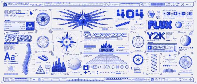 Cobalt blue cyber interface collage on white with wireframe globes, radar dials, spiked crystal forms, bold lettering, a helix, signal charts, icons and framed technical panels.