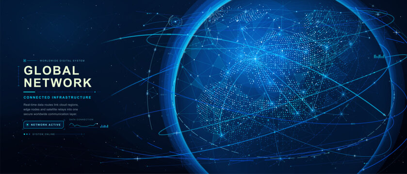 Glowing blue digital globe surrounded by interconnected nodes, geometric mesh and orbital routes on a dark background, illustrating worldwide communication and data infrastructure.