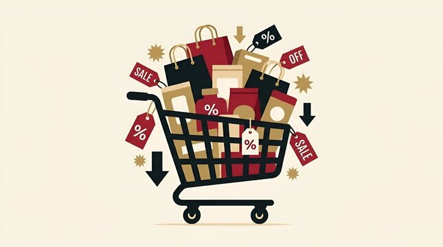 Shopping cart packed with various retail bags and sale tags surrounded by downward arrows indicating price drops discount labels clearance event shopping trolley price reduction
