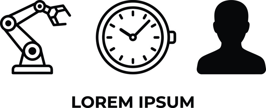 Set of black icons featuring a robotic arm a clock and a human profile silhouette