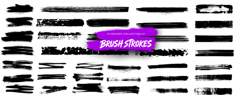 Collection of black grunge brush strokes, rough ink smears and distressed paint textures isolated on white, suitable for banners, backgrounds, frames and graphic design.
