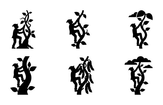 Boy climbing giant beanstalk silhouette for logo