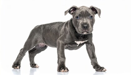 Fototapeta premium Gray pit bull puppy standing alert isolated on clean white