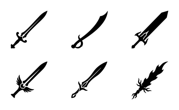 Fantasy sword silhouettes set with medieval weapons, saber and flame sword for game design