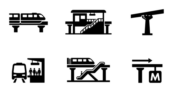 Monorail train and station icons for transport logo