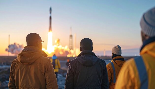 People Watching Rocket Launch into Sky at Sunset