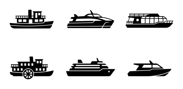 Boat silhouettes set with ferry, yacht, cruise ship and paddle steamer for transport and travel