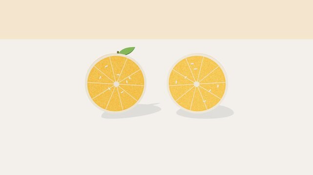 Two halves of a sliced orange with a leaf on a light background