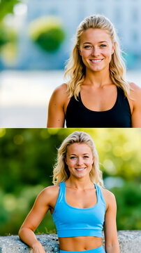 A split-screen photograph of a woman wearing a blue sports bra smiling and posing in two different settings