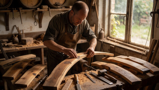 Ein B&ouml;ttcher bearbeitet gebogene Eichenholzdauben f&uuml;r ein traditionelles Holzfass.