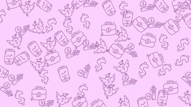 Seamless pattern with hand drawn business and finance icons on a light purple background.
