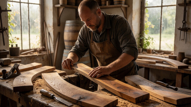 Ein B&ouml;ttcher bearbeitet gebogene Eichenholzdauben f&uuml;r ein traditionelles Holzfass.