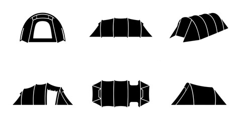 Camping tent silhouettes set with dome, tunnel and A-frame styles for outdoor adventure and travel © Sujon