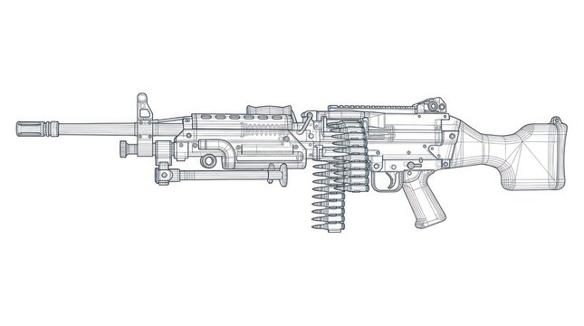 Technical Blueprint Illustration of a Belt-Fed Firearm with Ammunition