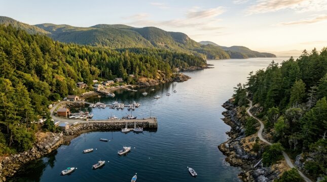 Tranquil harbor with boats docked at a pier, surrounded by lush green coastline and hills under a soft sky