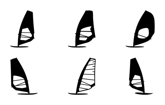 Windsurfing silhouettes set with different sail shapes for water sports and activities