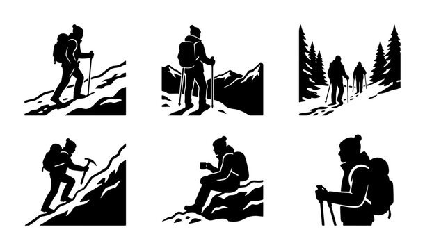 Hikers silhouettes set with mountain climbing, trekking and resting for travel and adventure logos