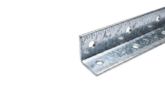 Rugged galvanized steel angle bracket with precise measurement markings, concept for power infrastructure, electrical engineering, and utility scale energy integration