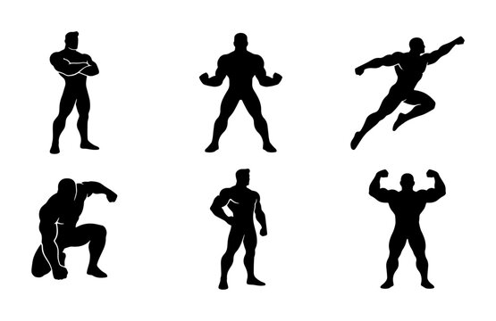 Superhero silhouettes set with figures in action poses for fitness and comic book design