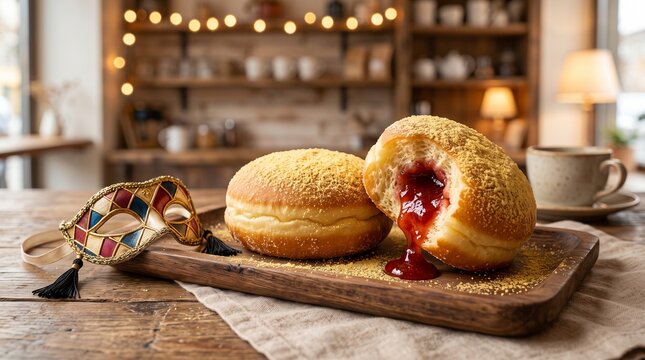 Jam filled Berliner donuts with carnival mask on wooden tray