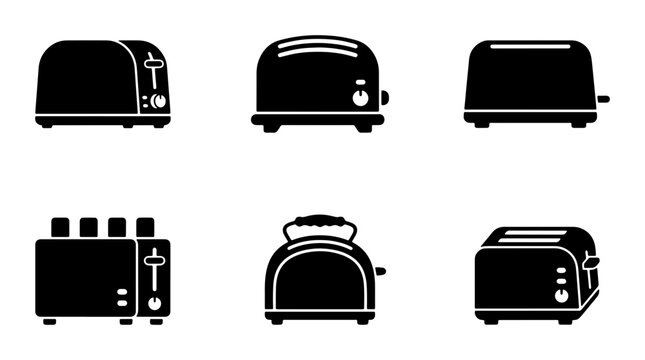 Toaster silhouettes set with various kitchen appliances for breakfast and toast, logo and signage