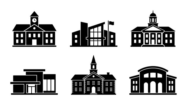 Government building silhouettes set with town hall, courthouse, and school icons for signage and print
