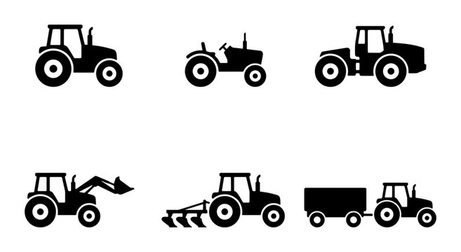Tractor silhouettes set with loader, plow and trailer for agriculture and transport design
