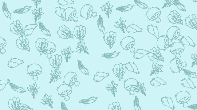 Seamless pattern with hand drawn outline mushrooms and leaves on a light blue background.