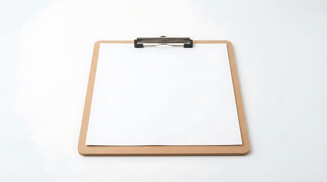 Wooden clipboard with blank white paper sheet isolated on white background for professional document presentation