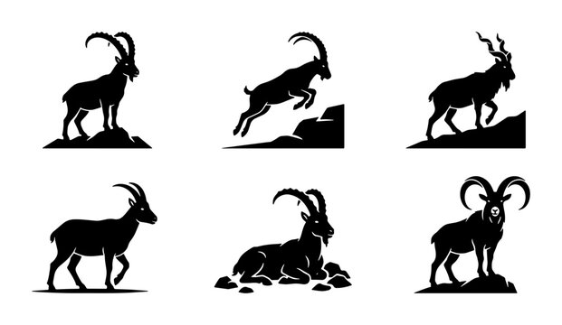 Ibex goat silhouettes set with figures standing, jumping and resting on rocks for wildlife logo