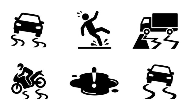 Slippery road warning signs silhouette for transport safety