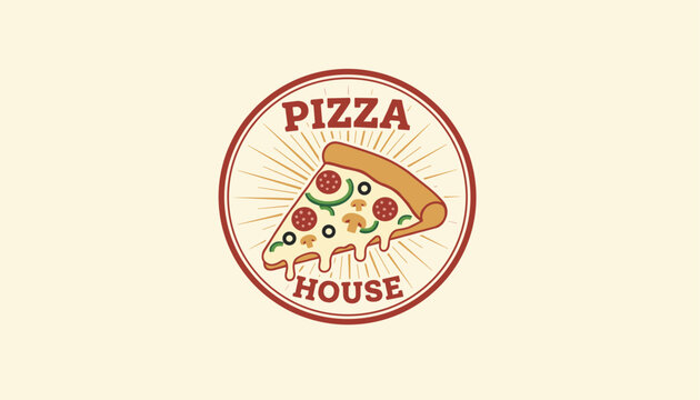 Circular logo design for a pizza house featuring a delicious slice of pizza with various toppings like pepperoni and peppers.