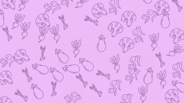 Seamless pattern with hand-drawn vegetable sketches on a soft purple background.