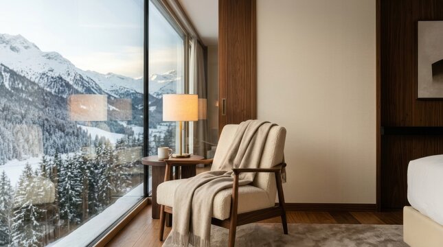 Elegant reading nook with cream armchair and soft blanket by floor to ceiling window featuring mountain scenery.