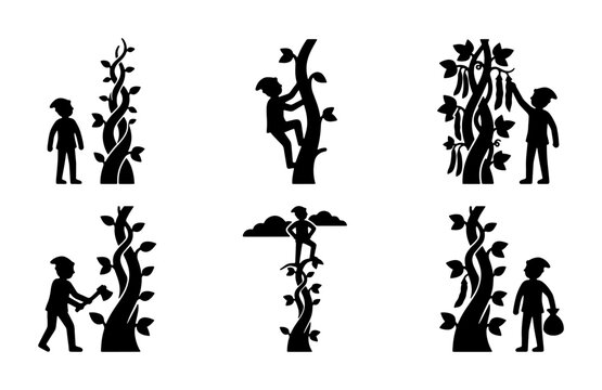 Jack and the beanstalk silhouettes set with boy climbing and chopping