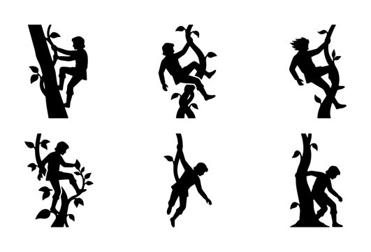 Jack and the Beanstalk silhouettes set with climbing figures, fairy tale adventure and fantasy