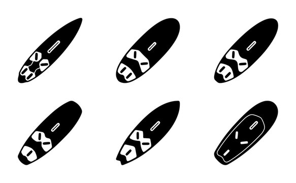 Surfboard silhouettes set with fins and traction pads, water sport equipment