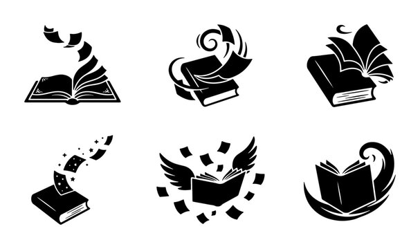 Magic book silhouettes set with flying pages and stars for education or fantasy