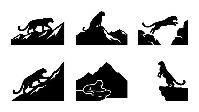 Snow leopard silhouettes set with climbing, jumping, sitting and walking poses on mountains for wildlife logos