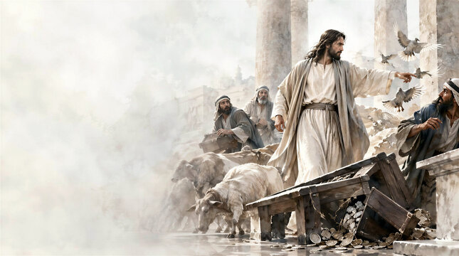 Jesus cleanses the temple. Jesus expelling the merchants and the money changers from the temple in Jerusalem. Biblical scene concept. Artistic minimalist art with copy space.
